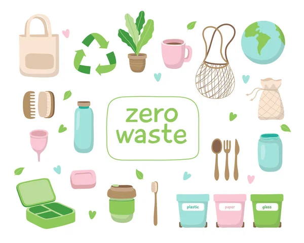 Zero-Waste-Konzept Illustration mit verschiedenen Elementen. Nachhaltiger Lebensstil, ökologisches Konzept. — Stockvektor