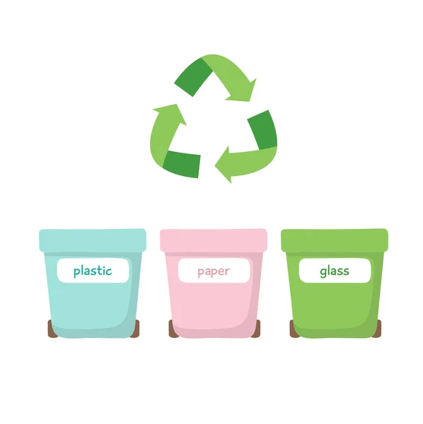 Sortowanie odpadów-ilustracja z trzema różnymi pojemnikami na śmieci, plastikiem, papierem i szkłem. Koncepcja zero odpadów, recykling. — Wektor stockowy