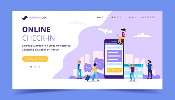 Página de llegada en línea, ilustración conceptual con smartphone, tarjeta de embarque. Personas pequeñas que realizan diversas tareas . — Archivo Imágenes Vectoriales