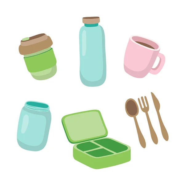 Conjunto de itens ecológicos - xícara de café reutilizável, jarra de vidro, talheres de madeira, lancheira. Conceito de resíduo zero . —  Vetores de Stock