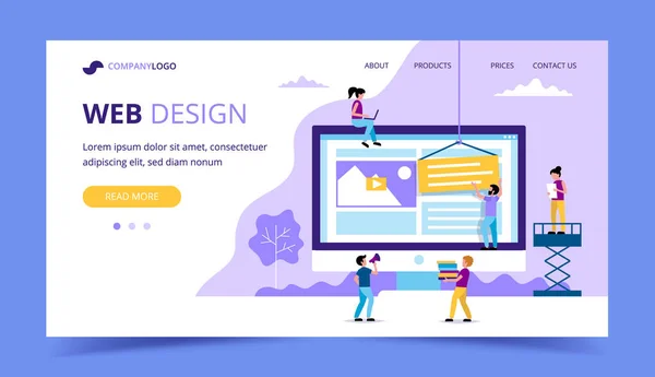 Web Design Landing Page - Illustration mit kleinen Leuten, die verschiedene Aufgaben erledigen, großer Monitor mit Webseite. — Stockvektor
