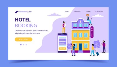 Otel rezervasyon açılış sayfası şablonu - küçük insanlar çeşitli görevleri yapıyor ile illüstrasyon. rezervasyon, online rezervasyon