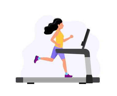 Koşu bandında koşan kadın, spor için konsept illüstrasyon, egzersiz, sağlıklı yaşam tarzı, kardiyo aktivitesi.