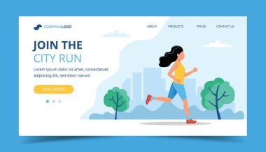 Açılış sayfası şablonu çalıştırın. Parkta koşan bir kadın. Maraton, şehir koşusu, eğitim, kardiyo için illüstrasyon.