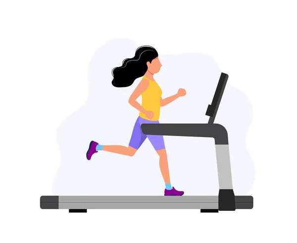 러닝머신에서 달리는 여성, 스포츠, 운동, 건강한 라이프스타일, 유산소 활동 컨셉 일러스트레이션. — 스톡 벡터