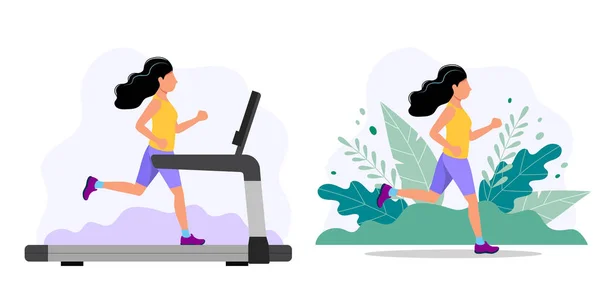 Una mujer corriendo en la cinta y en el parque. Ilustración conceptual para correr, estilo de vida saludable, hacer ejercicio . — Archivo Imágenes Vectoriales