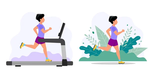 Hombre corriendo en la cinta y en el parque. Ilustración conceptual para correr, estilo de vida saludable, hacer ejercicio . — Archivo Imágenes Vectoriales