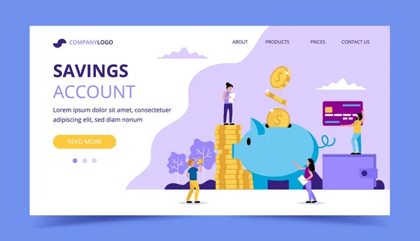 Geld sparen Landing Page - Illustration mit kleinen Leuten, die verschiedene Aufgaben erledigen, Sparschwein, Brieftasche, Kreditkarte. — Stockvektor