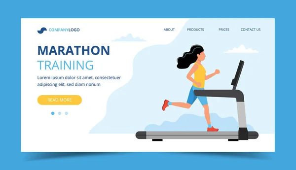 Ejecutando plantilla de landing page. Una mujer corriendo en la cinta. Ilustración para maratón, carrera urbana, entrenamiento, cardio . — Archivo Imágenes Vectoriales