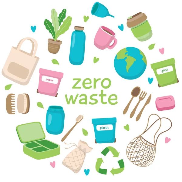 Zero Waste Konzept Illustration mit verschiedenen Elementen und Schriftzügen. Nachhaltiger Lebensstil, ökologisches Konzept. — Stockvektor