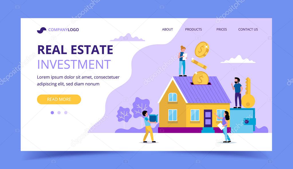 Real estate investment landing page - concept illustration for investing, buying house, coins falling in the house