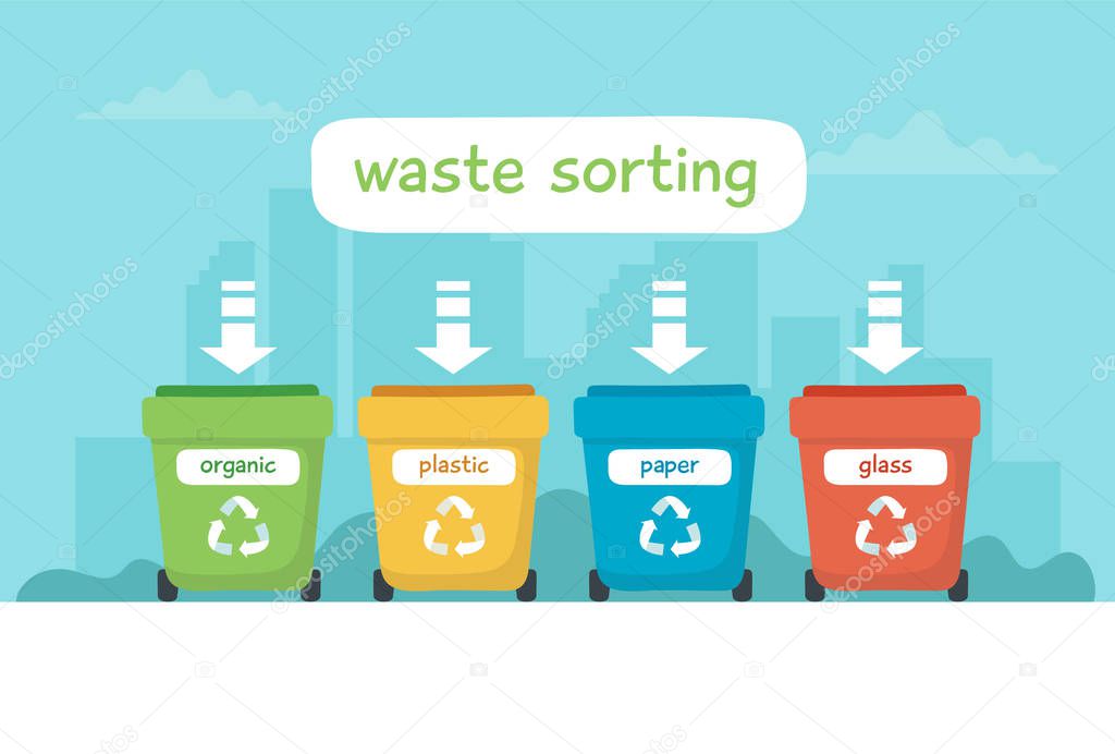 Waste sorting illustration with different colorful garbage bins with lettering, recycling, sustainability.