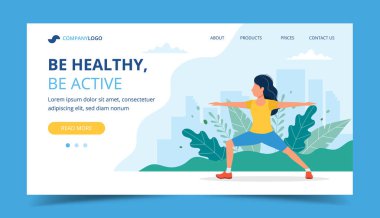 Park açılış sayfasında egzersiz yapan kadın, sağlıklı yaşam tarzı için konsept illüstrasyon, açık hava etkinlikleri, egzersiz
