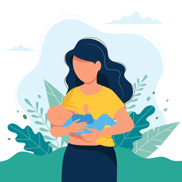 Breastfeeding illustration, mother feeding a baby with breast on natural background. Concept illustration