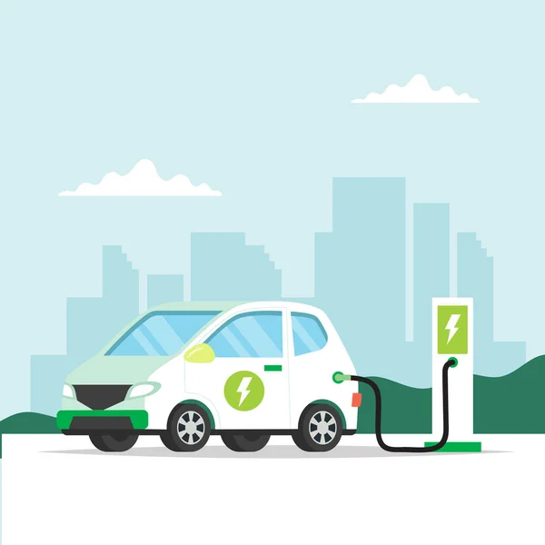 Φόρτιση ηλεκτρικού αυτοκινήτου με φόντο την πόλη. Απεικόνιση αντίληψης για το περιβάλλον, την οικολογία, τη βιωσιμότητα, τον καθαρό αέρα — Διανυσματικό Αρχείο