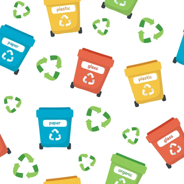 Abfallsortiermuster mit verschiedenen bunten Mülltonnen, Konzeptillustration für Recycling, Ökologie, Nachhaltigkeit — Stockvektor