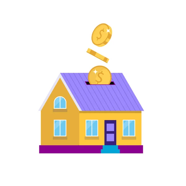 Invertir en bienes raíces - casa con monedas, ilustración vectorial aislada en estilo plano, icono para el banco, finanzas . — Archivo Imágenes Vectoriales