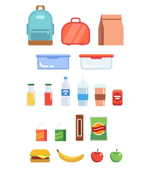 Zestaw ilustracji Lunchbox-różne plastikowe pojemniki, torba na papier, butelki, sok, woda, owoce, kanapka, plecak. — Wektor stockowy