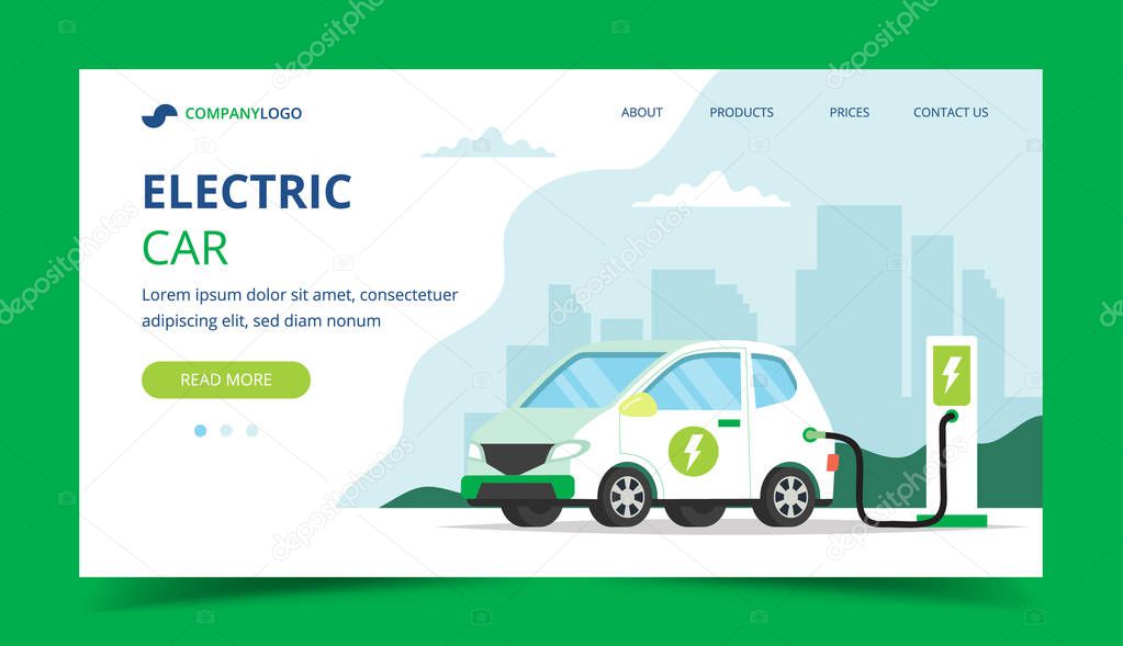 Electric car charging landing page - concept illustration for environment, ecology, sustainability, clean air, future.