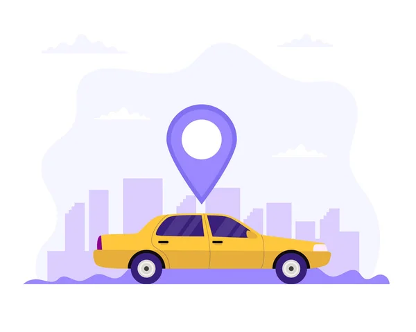 Taxi coche con símbolo de ubicación y fondo de la ciudad - ilustración vectorial en estilo plano, icono, llamar a un taxi, tecnología — Vector de stock