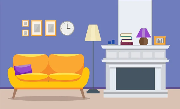 Moderní interiér v obývacím pokoji-pohovka s krbem, Bytový design. Vektorová ilustrace v plochém stylu. — Stockový vektor