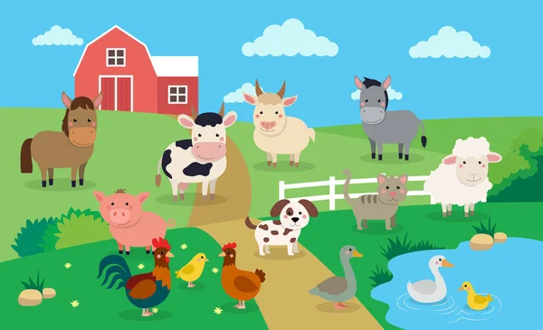 Farm animals with landscape - vector illustration in cartoon style, children s book illustration — Stock Vector