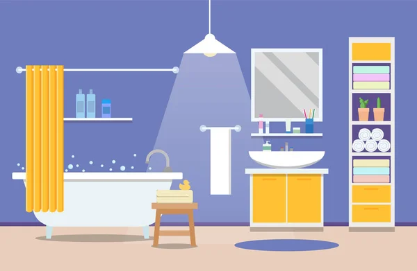 Moderní interiér v koupelně-vana s umyvadlem, designem bytu. Vektorová ilustrace v plochém stylu. — Stockový vektor