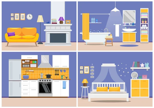 可爱的现代公寓内部 - 客厅，厨房，浴室，卧室，房子设计。蓝色紫色、黄色平面样式的矢量插图. — 图库矢量图片