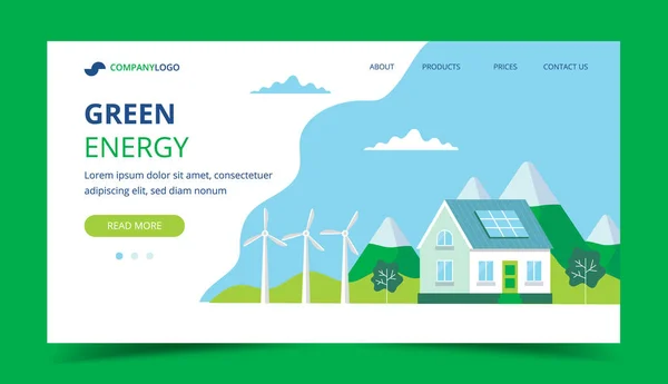 Pagina di destinazione energia verde con una casa con pannelli solari, turbine eoliche. Illustrazione concettuale per ecologia, energia verde, energia eolica, sostenibilità — Vettoriale Stock