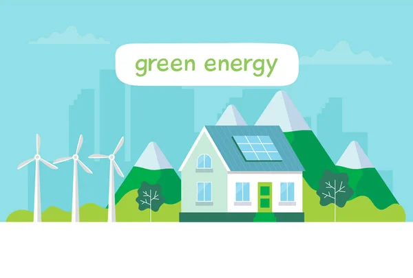 Ilustración de energía verde con una casa, paneles solares, turbinas eólicas, letras Ilustración de concepto para ecología, energía verde, energía eólica, sostenibilidad — Vector de stock