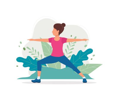 Parkta egzersiz eden bir kadın. Düz tarzda vektör illüstrasyon, sağlıklı yaşam tarzı için kavram illüstrasyon, spor, egzersiz.