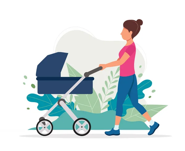 Vrouw met een kinderwagen in het Park. Vector illustratie in platte stijl, concept illustratie voor gezonde levensstijl, moederschap. — Stockvector