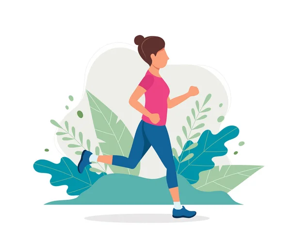 Una mujer corriendo en el parque. Ilustración vectorial en estilo plano, ilustración conceptual para un estilo de vida saludable, deporte, ejercicio . — Archivo Imágenes Vectoriales