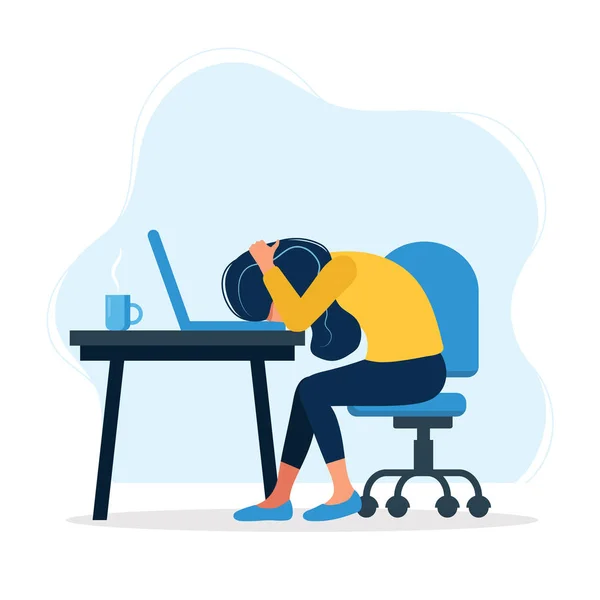 倦怠的概念插图与疲惫的女办公室工作人员坐在桌子。沮丧的工人，心理健康问题。平面样式中的矢量插图 — 图库矢量图片