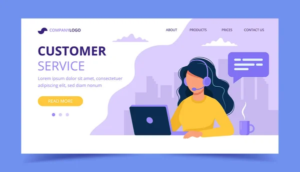 Customer service landing page. Woman with headphones and microphone with computer. Concept illustration for support, assistance, call center. Vector illustration in flat style
