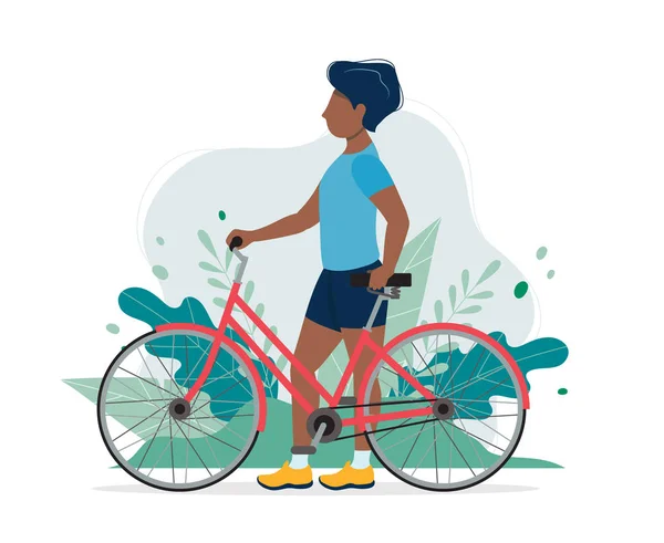 Hombre negro con una bicicleta en el parque. Ilustración en estilo plano, ilustración de vectores conceptuales para un estilo de vida saludable, deporte, ejercicio . — Vector de stock