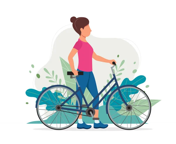 Mujer con una bicicleta en el parque. Ilustración vectorial en estilo plano, ilustración conceptual para un estilo de vida saludable, deporte, ejercicio . — Vector de stock