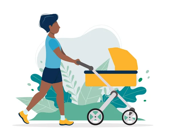 Svart man med en barnvagn i parken. Illustration i Flat stil, koncept vektor illustration för hälsosam livsstil, moderskapet. — Stock vektor