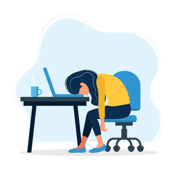 Burnout concetto illustrazione con esausto lavoratore ufficio femminile seduto al tavolo. Lavoratore frustrato, problemi di salute mentale. Illustrazione vettoriale in stile piatto — Vettoriale Stock
