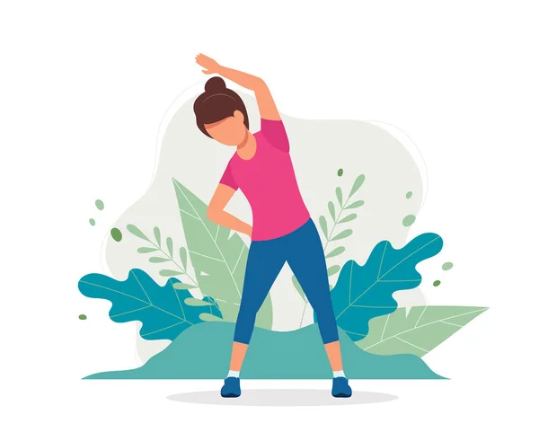 Vrouw die in het Park traint. Vector illustratie in platte stijl, concept illustratie voor gezonde levensstijl, sport, uitoefening. — Stockvector