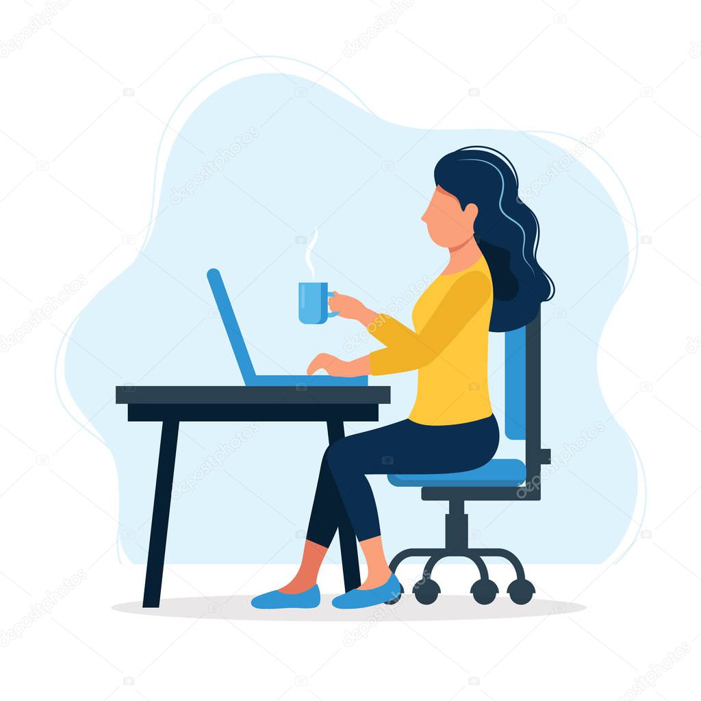 Office work concept illustration with happy female office worker sitting at the table. Happy worker. Vector illustration in flat style
