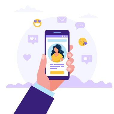 Dating servis uygulaması, kadın fotoğraf ile el tutan akıllı telefonlar. Sanal ilişki, sosyal ağda tanıdık. Düz tarzda vektör çizimi