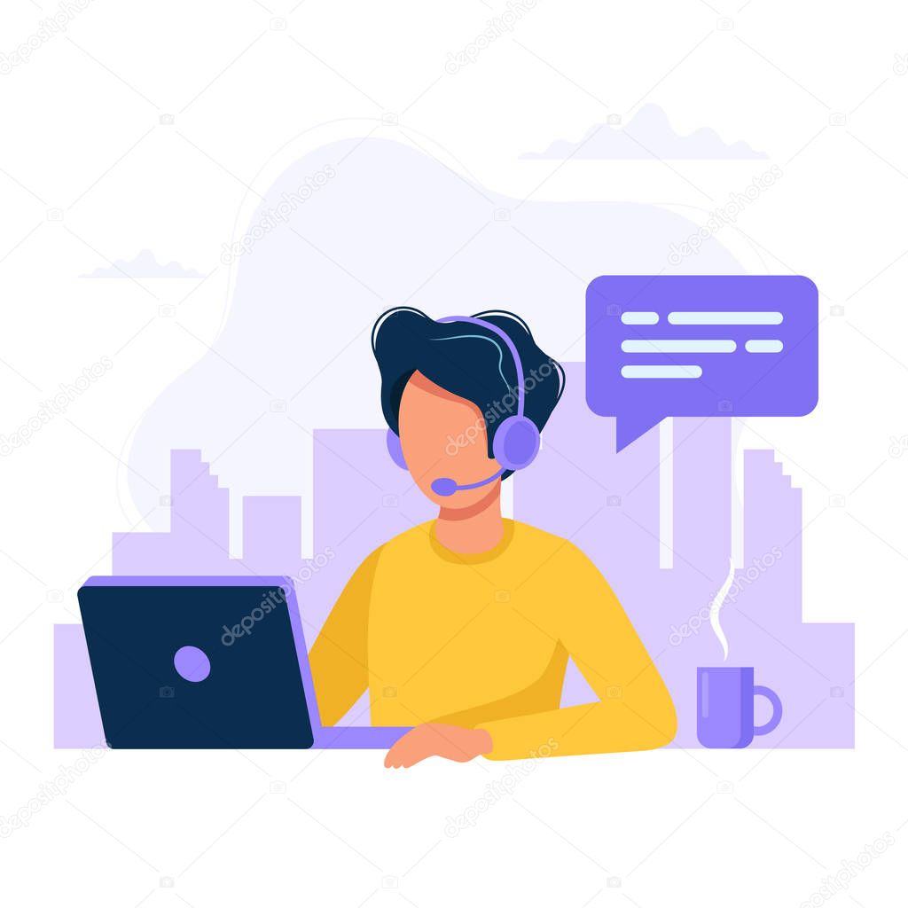 Customer service, man with headphones and microphone with computer. Concept illustration for support, assistance, call center. Vector illustration in flat style