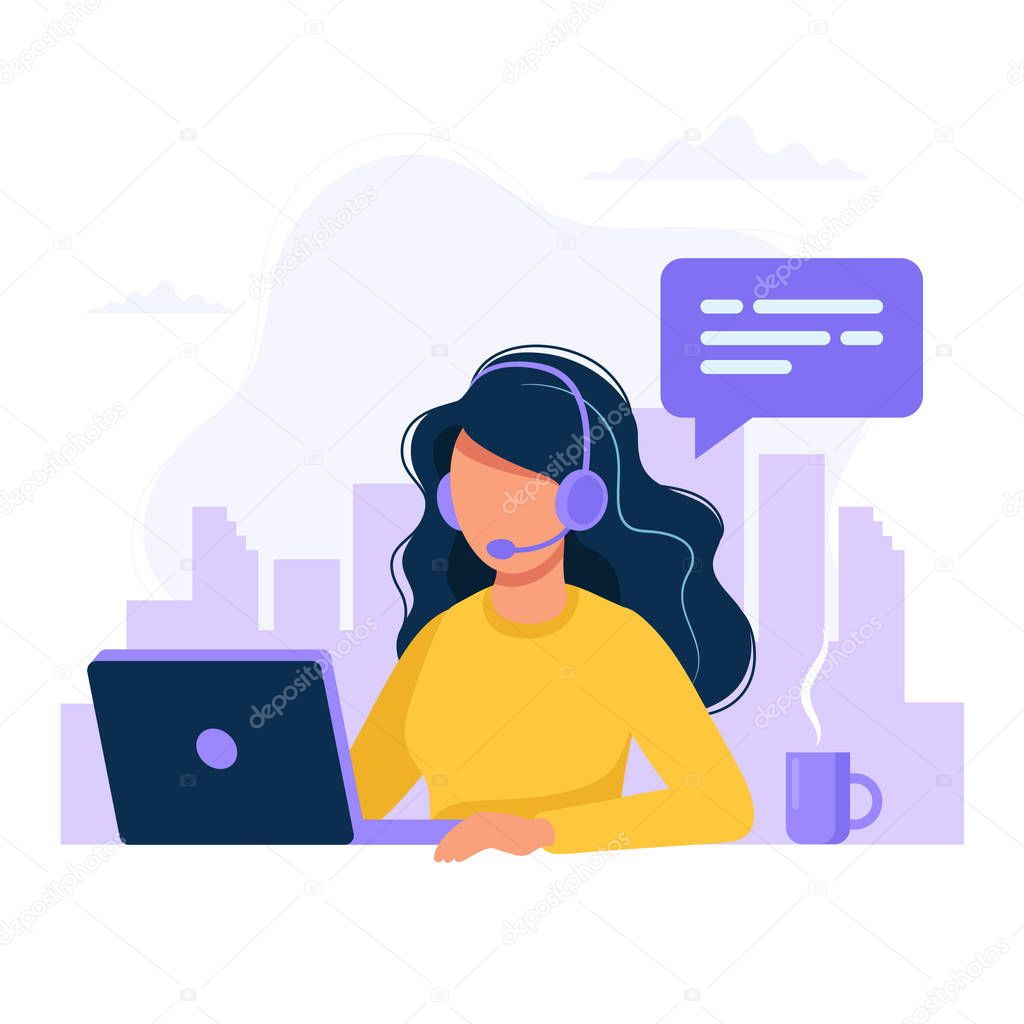 Customer service, woman with headphones and microphone with computer. Concept illustration for support, assistance, call center. Vector illustration in flat style