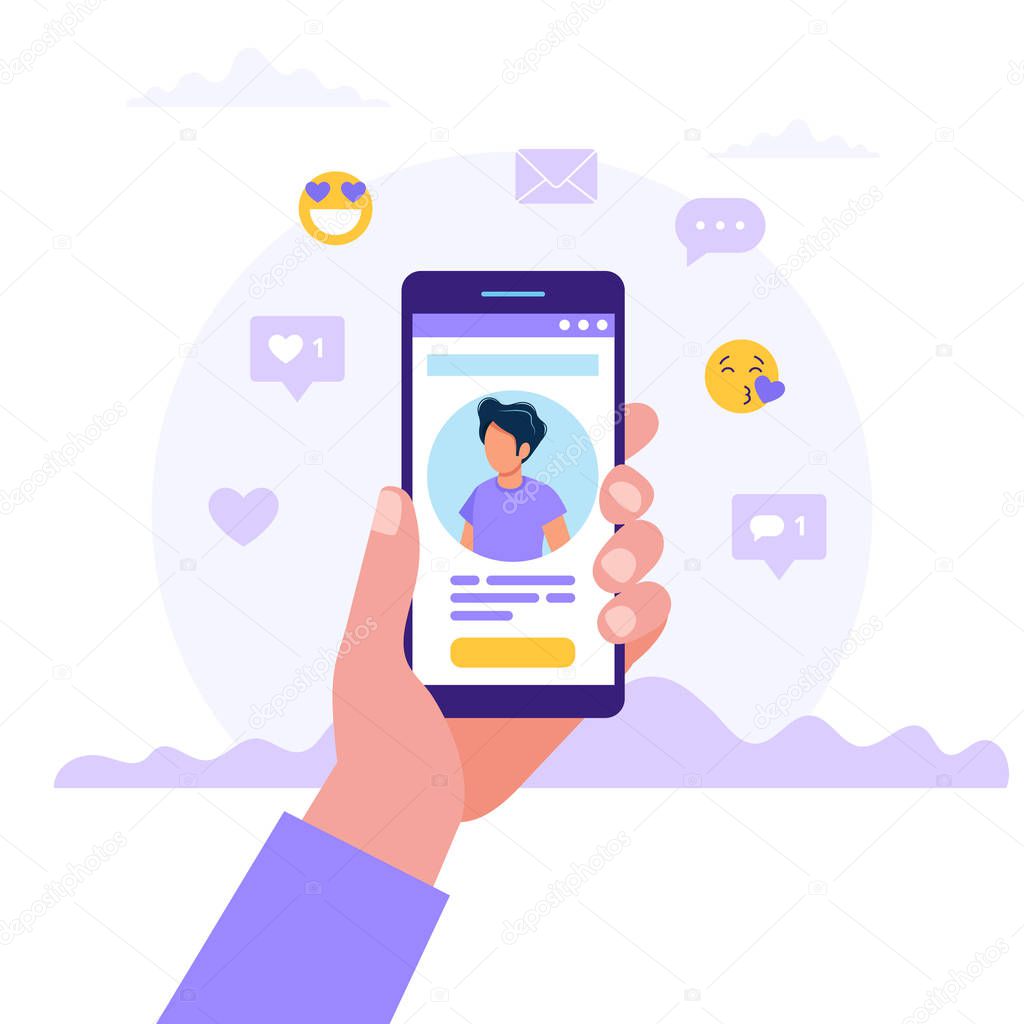 Dating service app, hand holding smartphones with man photo. Virtual relationship, acquaintance in social network. Vector illustration in flat style