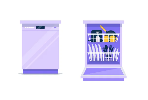 Illustration vectorielle plat lave-vaisselle. Lave-vaisselle fermé et ouvert avec vaisselle propre, assiettes, couverts, tasses, casserole. Modèle pour ménage, cuisine . — Image vectorielle