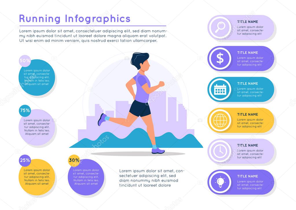 Running infographics. Man running with city landscape, different data colorful elements. Vector illustration template in flat style