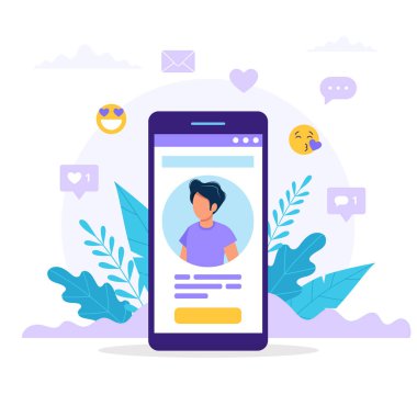 Sosyal medya profili. Bir adam avatar, metin ve düğme ile Smartphone. Beğenmeler ve mesajlar içeren farklı simgeler. Düz tarzda vektör çizimi