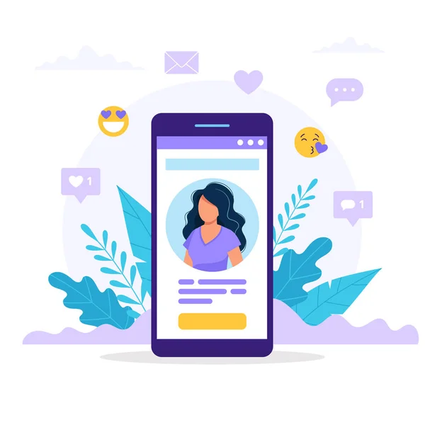 Social Media profiel. Smartphone met een vrouwelijke avatar, tekst en knop. Differents iconen met likes en berichten. Vector illustratie in platte stijl — Stockvector