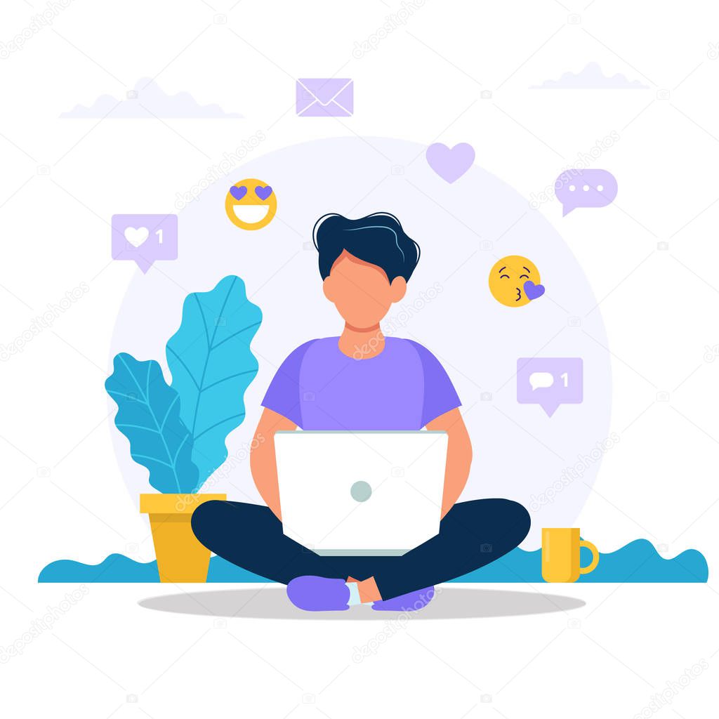 Man sitting with a laptop, social media icons. Vector concept illustration in flat style